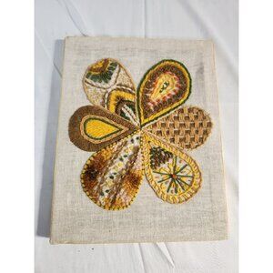 VTG MCM Crewel Original Embroidery Large Flower Gold Sienna Avocado 12 X 10